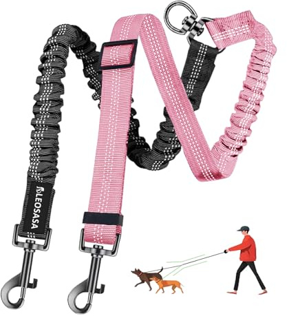 LEOSASA Double Dog Leash - 360°Swivel Tangle Free Splitter Attachment, 2 Dogs Multi-Functional Leashes, Dual Rope for Outdoor Walk Train Small Medium Large Two Pet, Pink