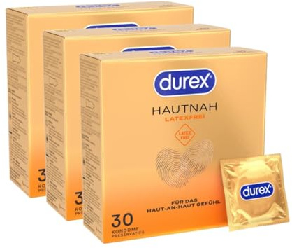 Durex Hautnah Latexfrei Kondome - Latexfreie Kondome aus Real-Feel-Material & mit anatomischer Easy-On-Form - Ohne Latex - 90er Pack (3 x 30 Stück)