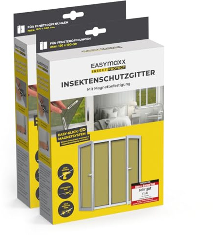 EASYmaxx Zanzariera per finestre con Magic Click | Tagliata individualmente su misura per tutte le finestre fino a 150 x 180 cm | Facile installazione con 12 magneti - senza forare o avvitare 2 Pezzi