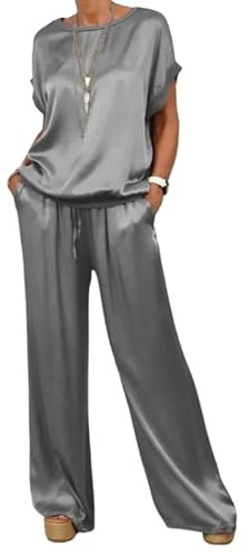 LCDIUDIU Zweiteiliges Hosenset Outfit für Damen Im Sommer, Beige, Seidiger Satin, Rundhalsausschnitt, Pullover, T Shirt, Oberteil, Elastische Taille, Bindegürtel, Weite Hose, Co Ord Sets, Alltags
