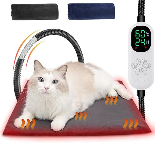 Angelpet Tapis Chauffant pour Chien et Chat M 45x45cm – Températures 30–60℃ & 14 Minuteries (0–12/24H), Coussin Chauffant Électrique pour Animaux, Écran Auto-Off, Câble Anti-Morsure 1,8m, 2 Housses
