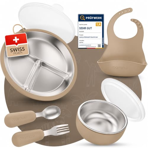 mamou Edelstahl-Kindergeschirrset 6-teilig | Teller & Schüssel mit Deckel, Besteck & Lätzchen | BPA-frei, hygienisch & geschmacksneutral | Nachhaltig & langlebig | Babys & Kleinkinder