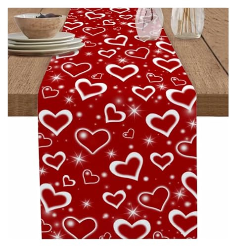 XUCZHAI Día de San Valentín Corazón de Amor Rojo Camino de Mesa de Lino Decoración for Fiestas navideñas Aniversario Cocina Comedor Camino de Mesa Decoración de Boda(150x33cm 59x13inch)