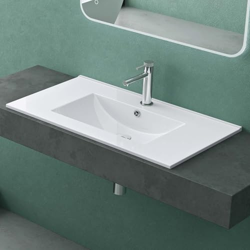 Mai & Mai Lavabo Encastré en Céramique 80cm Blanc Lave Mains Rectangulaire avec Perçage de Robinet et Trop-Plein 81x47x18cm BR912