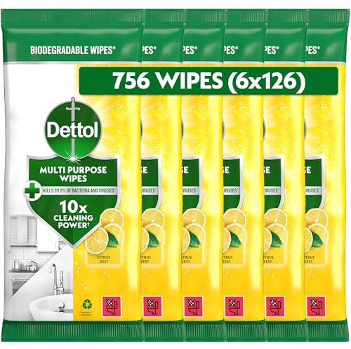 Dettol Antibacterial Multipurpose Cleaning Wipes, Citrus Zest, 756 Wipes (126 x 6pck) Disinfectant, Biodegradable, 10X Cleaning power vs Water alone, Kills 99.9 Percent of Germs