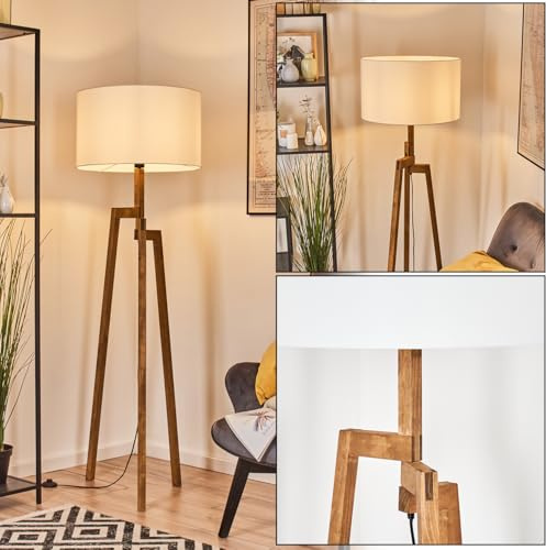 HOFSTEIN Stehleuchte Flemming, Stehlampe aus Holz im modernen Boho-Design, Schirm aus Stoff, Ø 50 cm, 162,5 cm, E27, mit Fußschalter - Wohnzimmer, Schlafzimmer, Esszimmer, Flur