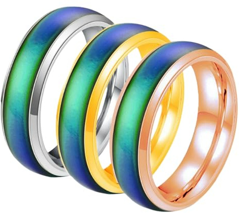 KUTCEK Juego de 3 anillos de acero de titanio de 6 mm que cambian de color, sensibles al estado de ánimo, anillos a juego para parejas, regalo para mujeres y hombres, 10, acero de titanio
