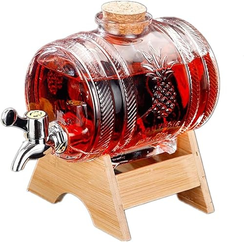 Dispenser per Bevande In Botte di Vetro da 1 L/3 L/5 L con Rubinetto e Supporto Legno Limonata a Tenuta Stagna Tappi Bottiglia Sughero Decanter Whisky Ghiacciate Liquidi 3000ml