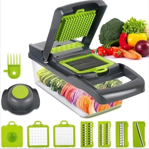 Pro Kitchen Vegetable Chopper and Dicer with Storage Container, 12-in-1 Manual Food Slicer with Interchangeable Blades, Black and Green