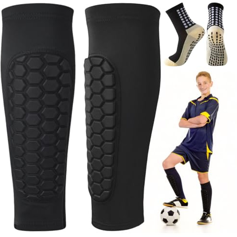 Schienbeinschoner & Socken für Fußball, Stoßfeste, Atmungsaktive, Wabenbrett Schienbein Schoner Klein, Schwarz Shin Pads und Fussballsocken für Jugendliche und Erwachsene - M