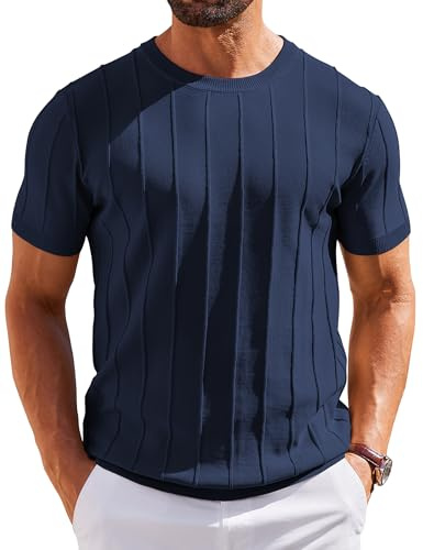 COOFANDY Camisetas Hombre Manga Corta Camiseta de Punto Rayas Jersey Verano Tshirt de Cuello Redondo Camiseta Basica