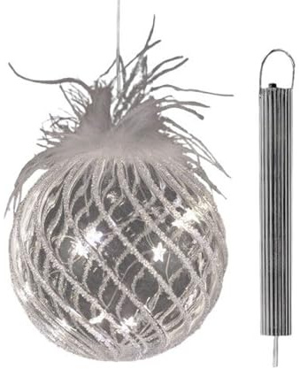 LED Hänger Kugel aus Glas mit Timer Winterdeko mit Federn - Stimmungslicht mit Batteriebox - Hängedekoration beleuchtet für Weihnachten, Fenster & Festliche Winterzeit (15 cm)