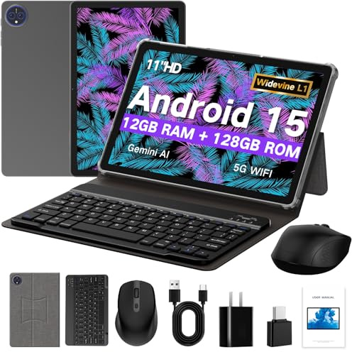 JUNYANG Tablet, 11 Inch Android 15 Tablets with Keyboard/Case/Mouse, 12GB+128GB+2TB Expandable, Octa-Core AI Tablets with WiFi 6, 8000mAh Battery, HD Large Touchscreen, 2in1 Tablet for Gaming