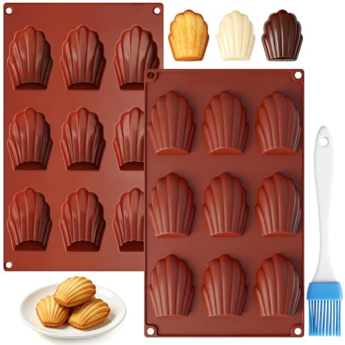 Huahuanghui 2 Pièces Moule Madeleine Silicone avec Pinceau, 9 Cavités Moules en Forme de Coquille, Moules à Madeleine pour Muffin, Biscuits, Gâteaux, Chocolat, Bonbon