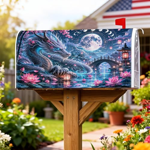 Dragon - Fundas magnéticas para buzón, diseño de lirio de agua oriental, color azul, para decoración de jardín y patio, 21 x 25.5 pulgadas