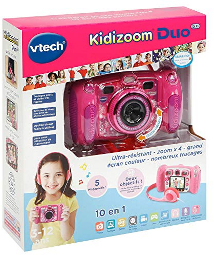 Vtech Kidizoom Duo 5.0 Digitale Kamera für Kinder, 5 MP, Farbdisplay, 2 Objektive, Pink Französische Version Rosa