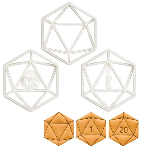BAKERLOGY Set of 3 Cookie Cutters (Designs: Icosahedron, Natural 1, Natural 20) - Detailed Biscuit Cutter Design for Baking and Crafts, Ideal on Fondant, Dough, Clay