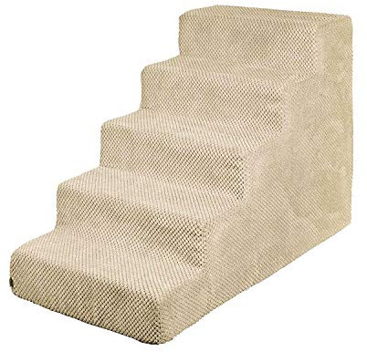 Hundetreppe 50 cm hoch | Katzentreppe Haustiertreppe | 5 Stufen | Hunde Katzen Haustier | für Bett und Auto | Trepp für kleine Hund | Plüschbezug | Farbe: Beige