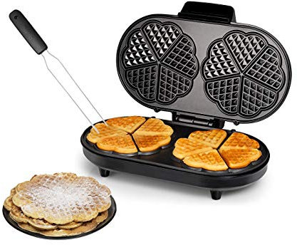 Gofrera doble con 10 gofres finos en forma de corazón, 2 x 16 cm de diámetro, 1200 W, con tenedor para gofres para extraer fácilmente los gofres de corazón