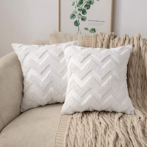 MIULEE 2er Set Kissenbezug 50×50cm Polyester Wellenmuster Weiß | Besticktes Wellenmuster mit Flausch-Optik Weich Pflegeleicht Dekorativ Boho-Stil für Sofa Wohnzimmer und Schlafzimmer