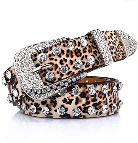 Sethexy Gürtel mit Leopardenstrass für Frauen Western-Cowgirl Bling Kristall Nietenbesetzter Ledergürtel für Jeanshosen (105)