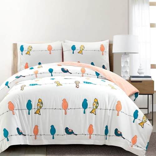 Lush Decor Rowley Birds Reversible Cotton Duvet Cover Set, 3 Piece Set, Full/ Queen, Multi - Colorful Bird Bedding Set - Whimsical & Playful Floral Bird Duvet - Boho & Farmhouse Home Decor