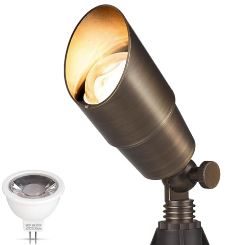Gardencoin Solid Brass Outdoor Landscape Spotlight, 12V Low Voltage LED Spot Light Waterproof for Garden and Yard Uplighting, Bronze Heavy Duty Accent Lighting Fixture with 2700K MR16 Bulb, Single