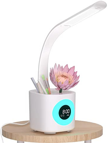 Hokone Schreibtischlampe Kinder, Dimmbar LED Schreibtischleuchte mit Stifthalter, Uhr, Wecker, Farbnachtlicht, USB-Anschluss, 4 Farbtemperatur/5 Helligkeitsstufen für Arbeit, Studium, Büro