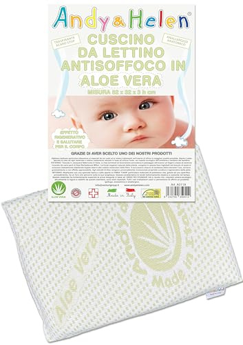 ANDY & HELEN® - Cuscino Lettino Bambino Antisoffoco con fodera in Jacquard Aloe Vera per lettino. Misure: 52x32x3 h cm