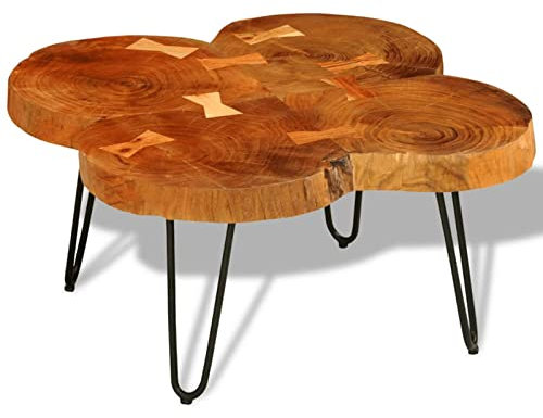 Tidyard Couchtisch mit 4 Baumscheiben | Sheeshamholz Tischplatte und Stahlbeine | Beistelltisch Sofatisch Wohnzimmer Tishch Massivholz 65 x 65 x 35 cm