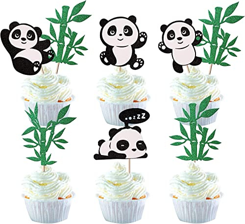 24 Stück Panda Tortendeko Glitzer Grün Bambus Cupcake Toppers Niedliches Tier Bär Kuchen Deko für Panda Thema Baby Dusche Kinder Geburtstag Party Kuchen Dekoration