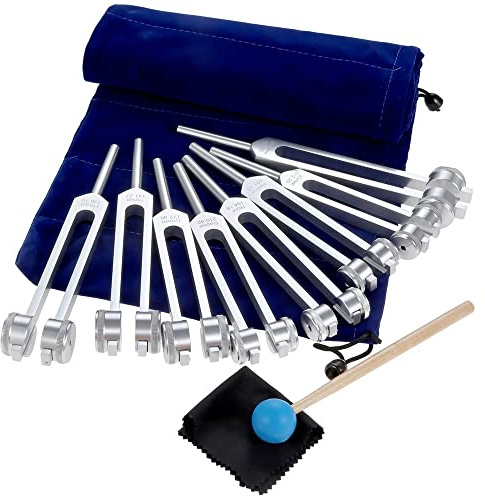 Chakra Stimmgabeln Set, 7 Chakra+1 Soul Heart Stimmgabel, Gummihammer, Samt-Aufbewahrungstasche, für Klangheilung, Vibration, Musikinstrument