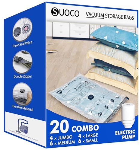 Vacuum Seal Bags for Clothing Travel and Home Storage, Travel Vacuum Bags with Electric Pump, Space Saver packing compression for Blankets Comforters Pillows Clothes, 20 Combo