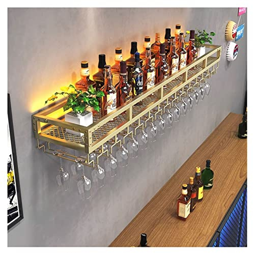 Bar Unit Floating Shelves, Wall-Mounted Wine Racks With LED Light Inverted Wine Glass Rack Multifunctional Iron Bottle Holder Simple Hanging Goblet Rack For Home Bar Dining Room Decor (Color : Gold,