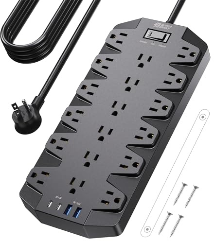 Power Strips with Surge Protection 10 FT, SUPERDANNY 18 AC Outlets and 4 USB Ports, Flat Plug Heavy Duty Extension Cord, 1875W/15A, 2100 Joules for Home, Office, Dorm, Black