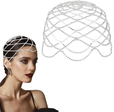 AHANDMAKER Kristallkappen-Kopfschmuck, 1920s Flapper-Kopfkette, Strass-Mesh-Kopfschmuck, Kappe, Flapper-Kopfschmuck, Zubehör Für Hochzeit, Karneval, Halloween, Party, Silbern Silberfarbig