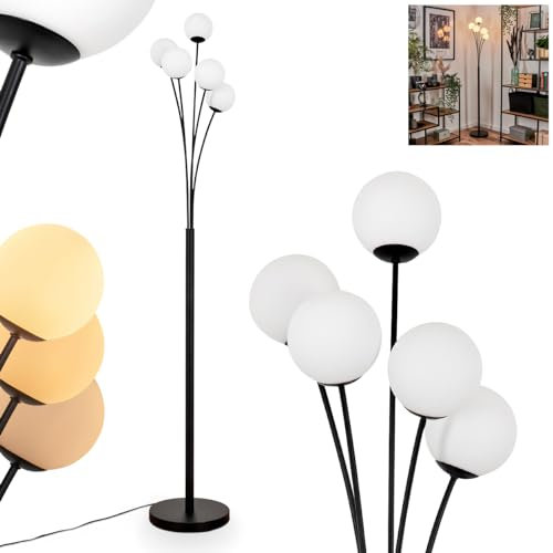 Stehleuchte Bernado, Stehlampe aus Metall/Glas in Schwarz/Weiß, Leuchte im modernen Retro/Vintage-Design mit Schirmen aus Glas (Ø 10 cm), dimmbar über Fußschalter, 5 x G9, ohne Leuchtmittel