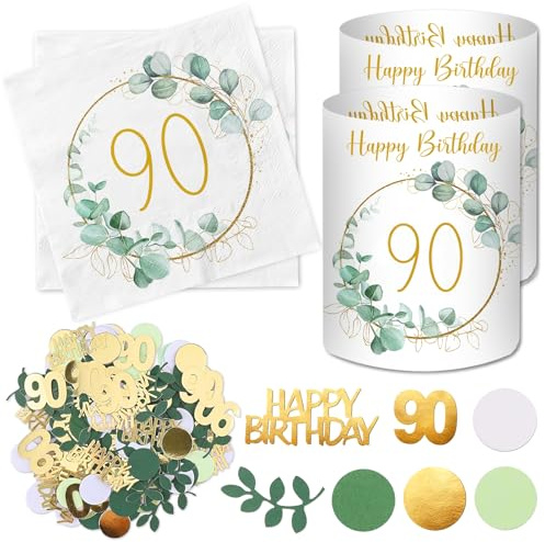20 Stück Servietten 90 Geburtstag+ 12 Windlicht Tischdeko + 100 Stück Konfetti Deko Grün, Deko 90. Geburtstag Frau Mann, Eukalyptus Tisch Deko 90 Jahre