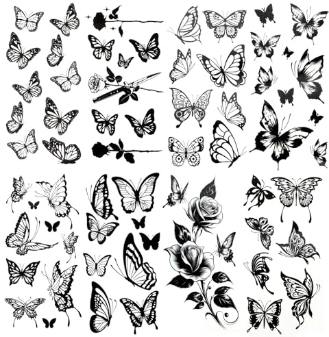 8 Blätter Groß Schwarz Schmetterling Temporäre Tätowierung, Wasserdicht Erwachsene Aufkleber, Realistisch Fake Tattoos Aufkleber Haut Schmetterling Blumen Tatoos für Damen Körper Arm