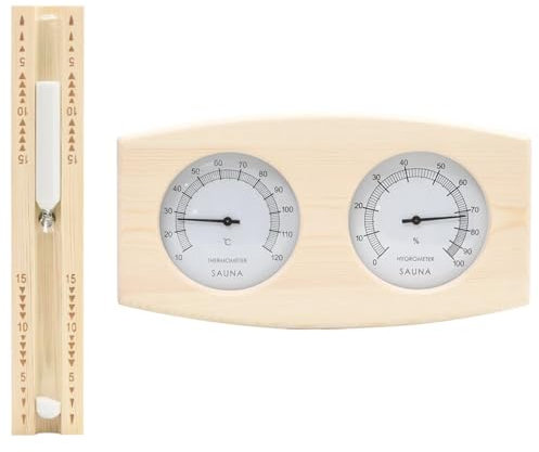 Sufrk Juego de temporizador higrómetro y reloj de arena para sauna 2 en 1 de pino macizo, reloj de arena y sauna, accesorios temporizadores de cocina, resistente al calor, sauna, reloj de arena, reloj