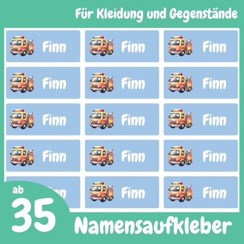 Namensaufkleber für Flasche & Brotdose (250 Sticker) – Aufkleber mit Name und Feuerwehr für Brotdosen oder Flaschen – Ideal für Schule und Kindergarten – Wasserfest, Spülmaschinenfest, 30 x 13 mm