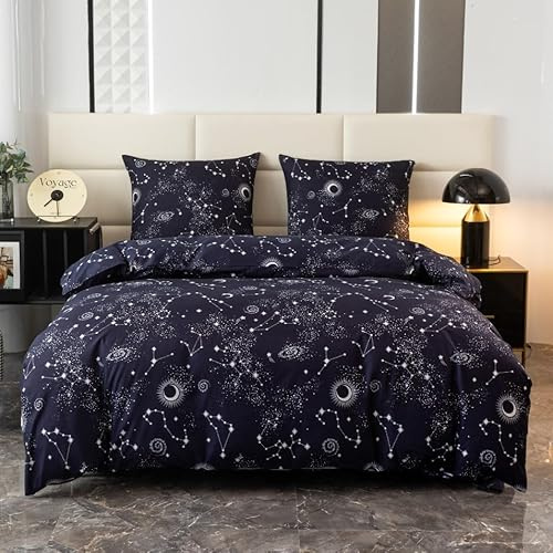 Juego de ropa de cama Cotton Market - Juego de ropa de cama de 3 piezas - Funda nórdica 155x200 cm y 2 fundas de almohada 70x80 cm - Constelación (Azul)