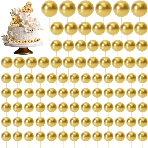 108Pcs Gold Balls for Cake Decorating, Gold Cake Balls, Gold Balls, Assorted Sizes DIY Dessert Ornaments, Birthday Party & Wedding Cupcake Picks, Premium Baking Supplies