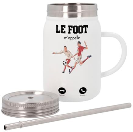 Mug Isotherme en Inox avec Couvercle et Paille - Le Foot M'Appelle Sport Passion Football - 500 ml - Tasse Thermo