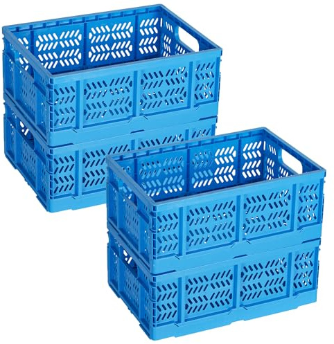 Senloglb Lot de 4 caisses de rangement pliables de 20 L, caisses à lait rectangulaires empilables en plastique avec poignées, pour la maison, la cuisine, l'école et la salle de classe, bleu