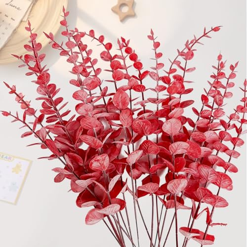 RXKFIGX 30 Stück Rot Eukalyptus Künstlich, Kunst Eukalyptuszweige Blätte | 38 cm Eukalyptus Deko,Rote Eukalyptus Künstlich für Tischdeko, Türkränze, Adventskränze, Vasenschmuck