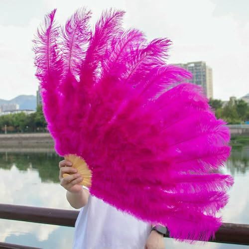 Abanico de plumas de avestruz plegable de 13 huesos, grande, para manualidades, para escenarios, espectáculos de bailarinas, bodas, fiestas, color rosa y rojo, 2 unidades