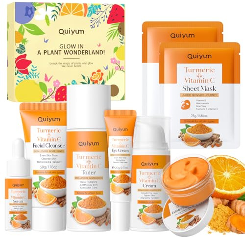 Quiyum Turmeric Vitamin C Skincare Set, 7PCS Face & Body Care Kit for Hydrating, Soothing & Pore Refining, Christmas Birthday Pamper Gift for Women Teenage Girls, Travel size, for Dull & Uneven Skin