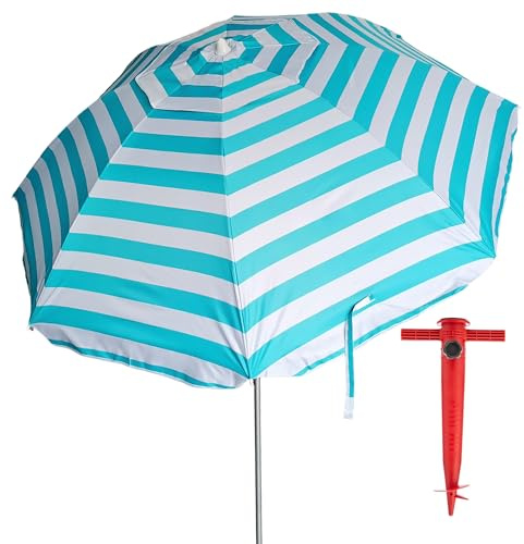 Pincho Grand parasol de plage 220 cm, anti-vent jusqu'à 35 km/h, protection UV50+, aluminium, 8 + 8 baleines en fibre, fenêtre supérieure, inclinable, léger, sac de transport, Couleur 3, 220 cm