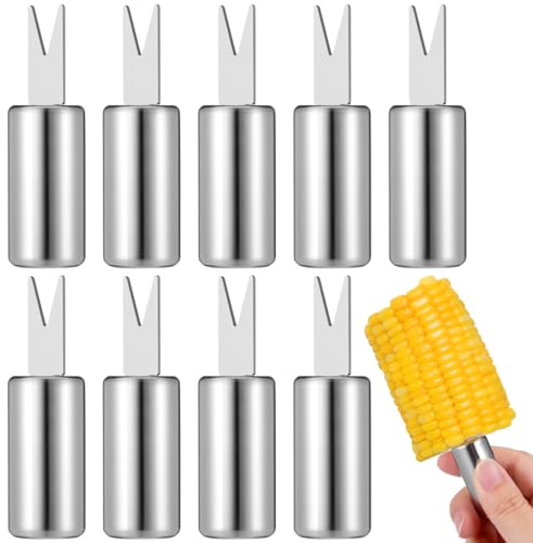PRETYZOOM 10pcs Stainless Steel Corn Cob Holders, Reusable Corn on the Cob Holder, Skewers Forks for Grilling, BBQ, Camping Accessory - 1.8x6cm